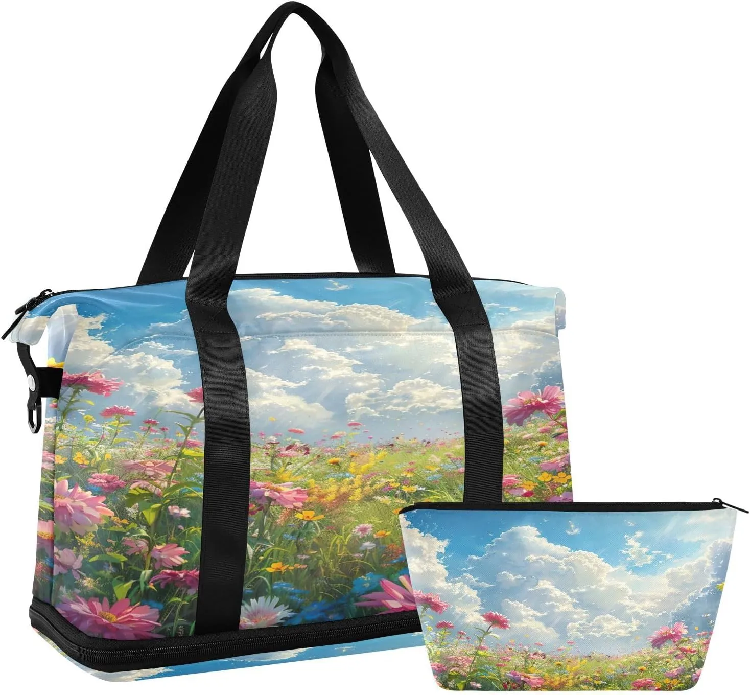 Meadow Filled Roses Gym Bag - Weekender Overnight Bags for Women Men, Sport Travel Duffel Bag with Wet Pocket & Shoe Compartment