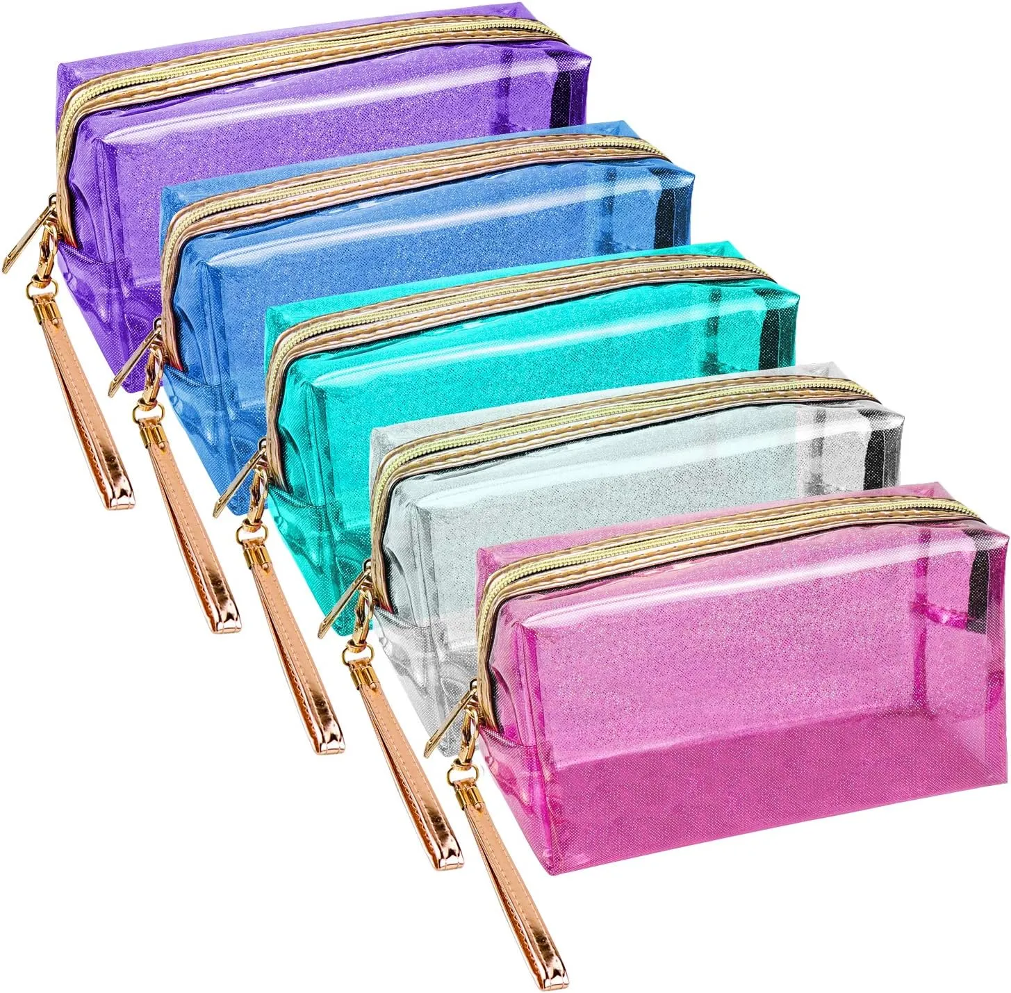 Meetory 5 Pack Waterproof Cosmetic Bag Portable Translucent Makeup Bag Zippered Travel Toiletry Pouch for Vacation, Bathroom, Organizing