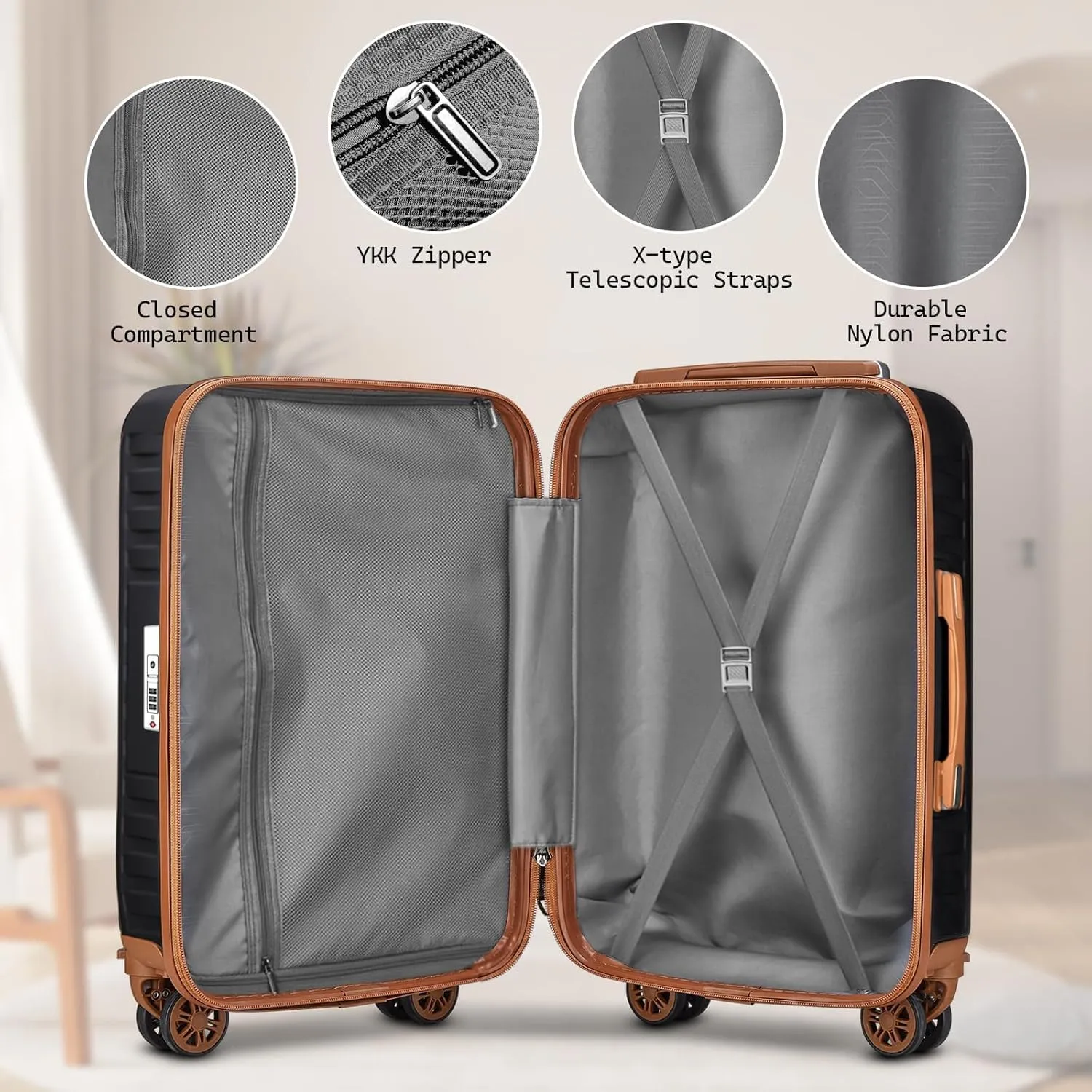 Melalenia Luggage Set 4 Piece Carry On, Hardside Suitcase with TSA Lock and Spinner Wheels, Carry-On Ailline Approved, Black Brown