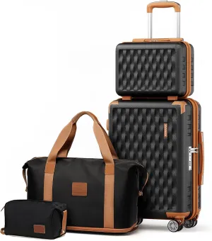 Melalenia Luggage Set 4 Piece Carry On, Hardside Suitcase with TSA Lock and Spinner Wheels, Carry-On Ailline Approved, Black Brown