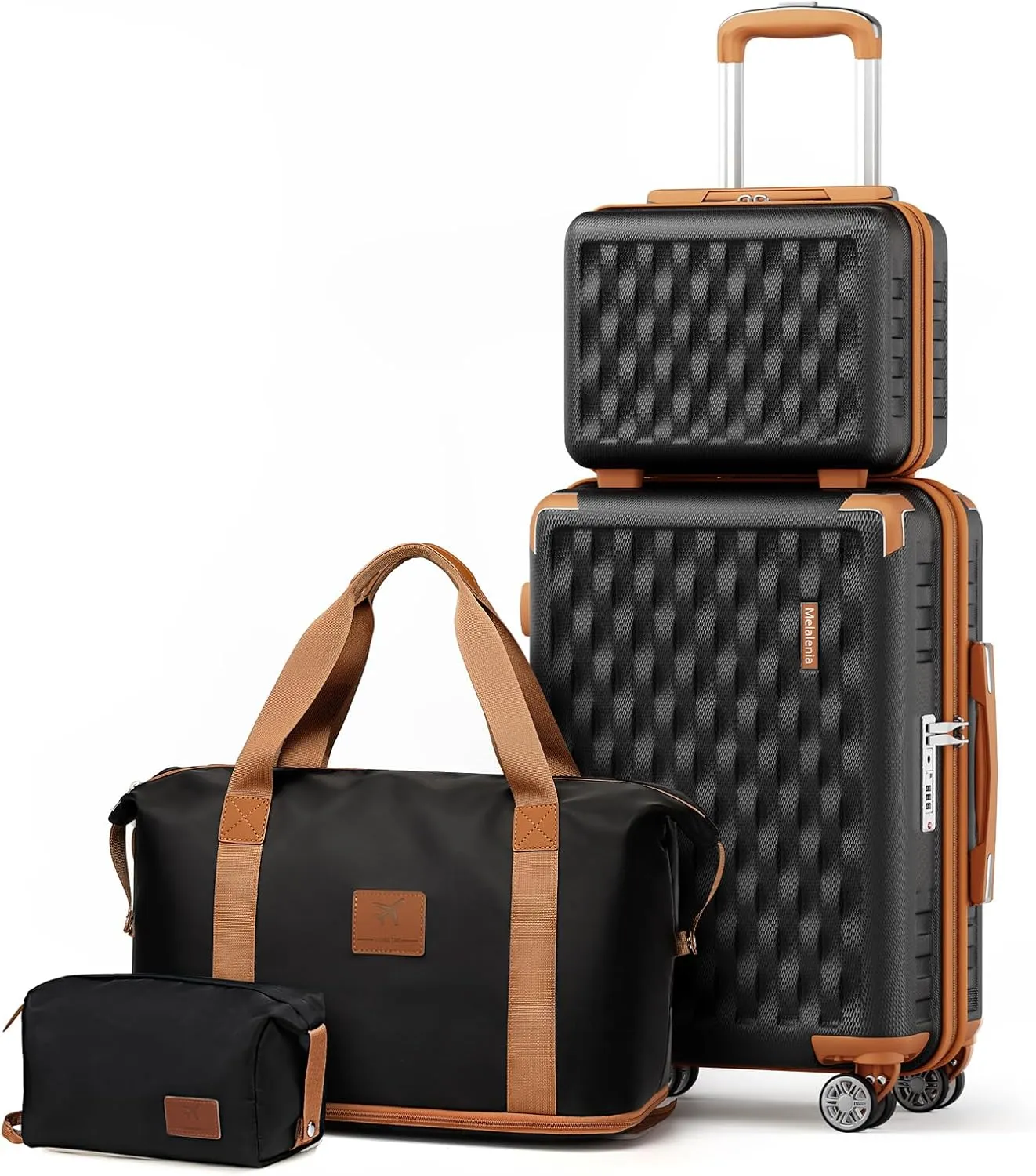 Melalenia Luggage Set 4 Piece Carry On, Hardside Suitcase with TSA Lock and Spinner Wheels, Carry-On Ailline Approved, Black Brown