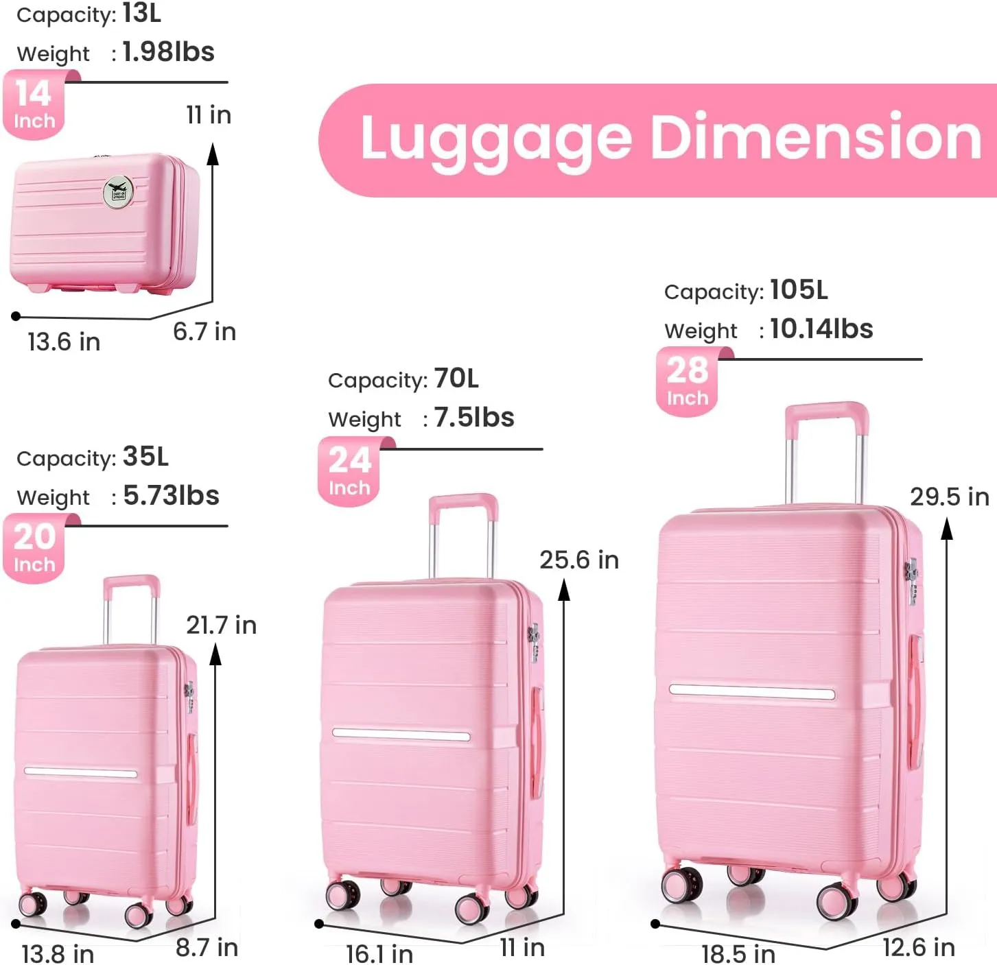 Merax 4 Piece Luggage Set, PP Lightweight Expandable Suitcase with Spinner Wheels and TSA Lock, 14”20”24”28”, Pink