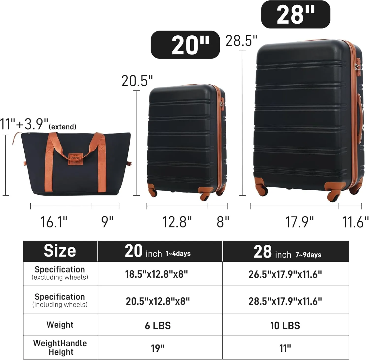 Merax Luggage Sets 2 Piece Expandable Hardside Luggage with Travel Bag Suitcase Set with Spinner Wheels(20 28 bag,Black Brown-1)