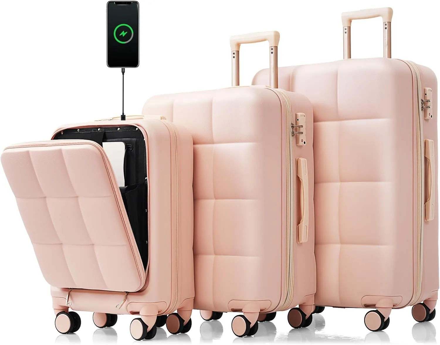 Merax Suitcases 3 Piece ABS Hardshell Front-Opening Luggage Sets with Cup Holder, All Pink, 20/24/28 in