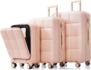 Merax Suitcases 3 Piece ABS Hardshell Front-Opening Luggage Sets with Cup Holder, All Pink, 20/24/28 in