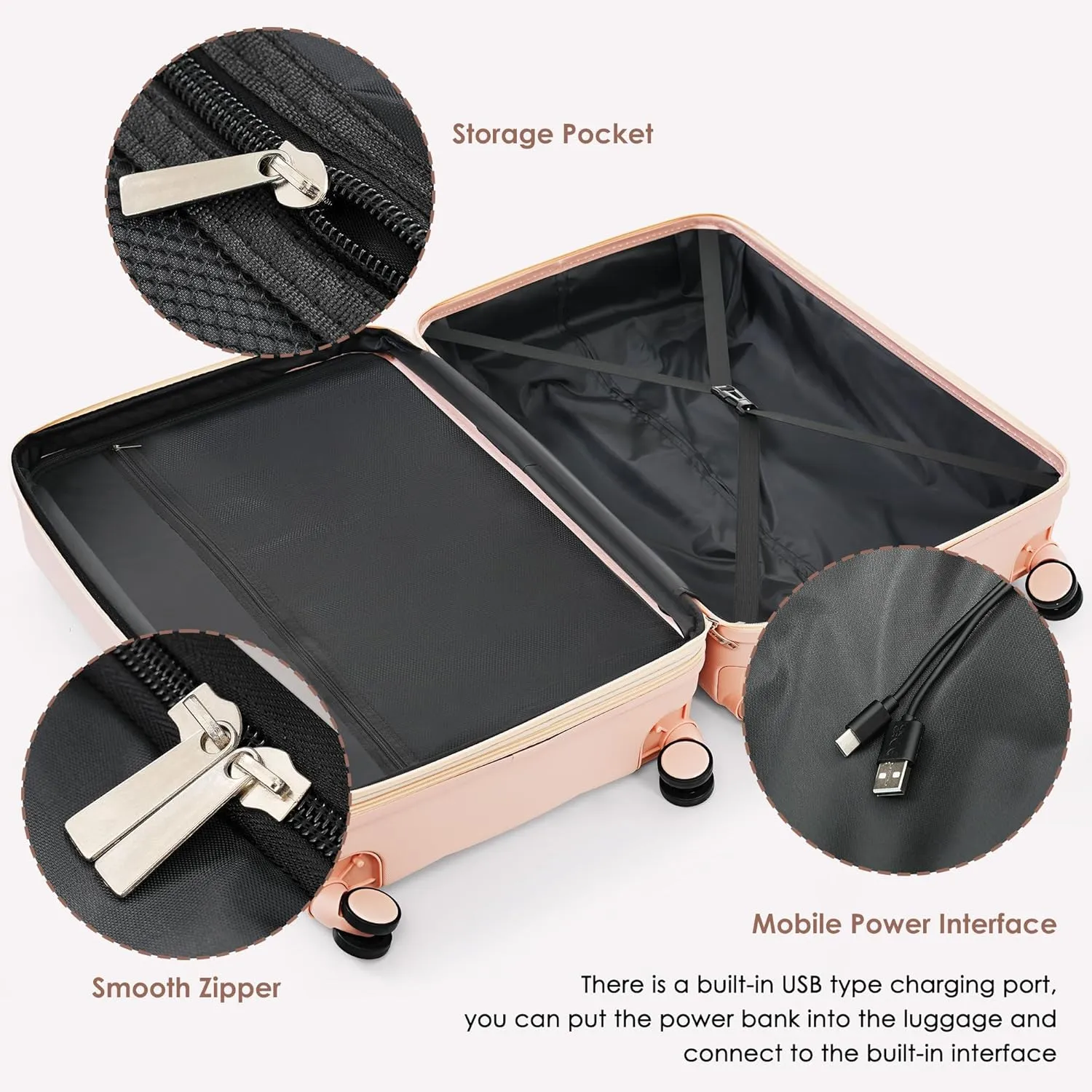 Merax Suitcases 3 Piece ABS Hardshell Front-Opening Luggage Sets with Cup Holder, All Pink, 20/24/28 in