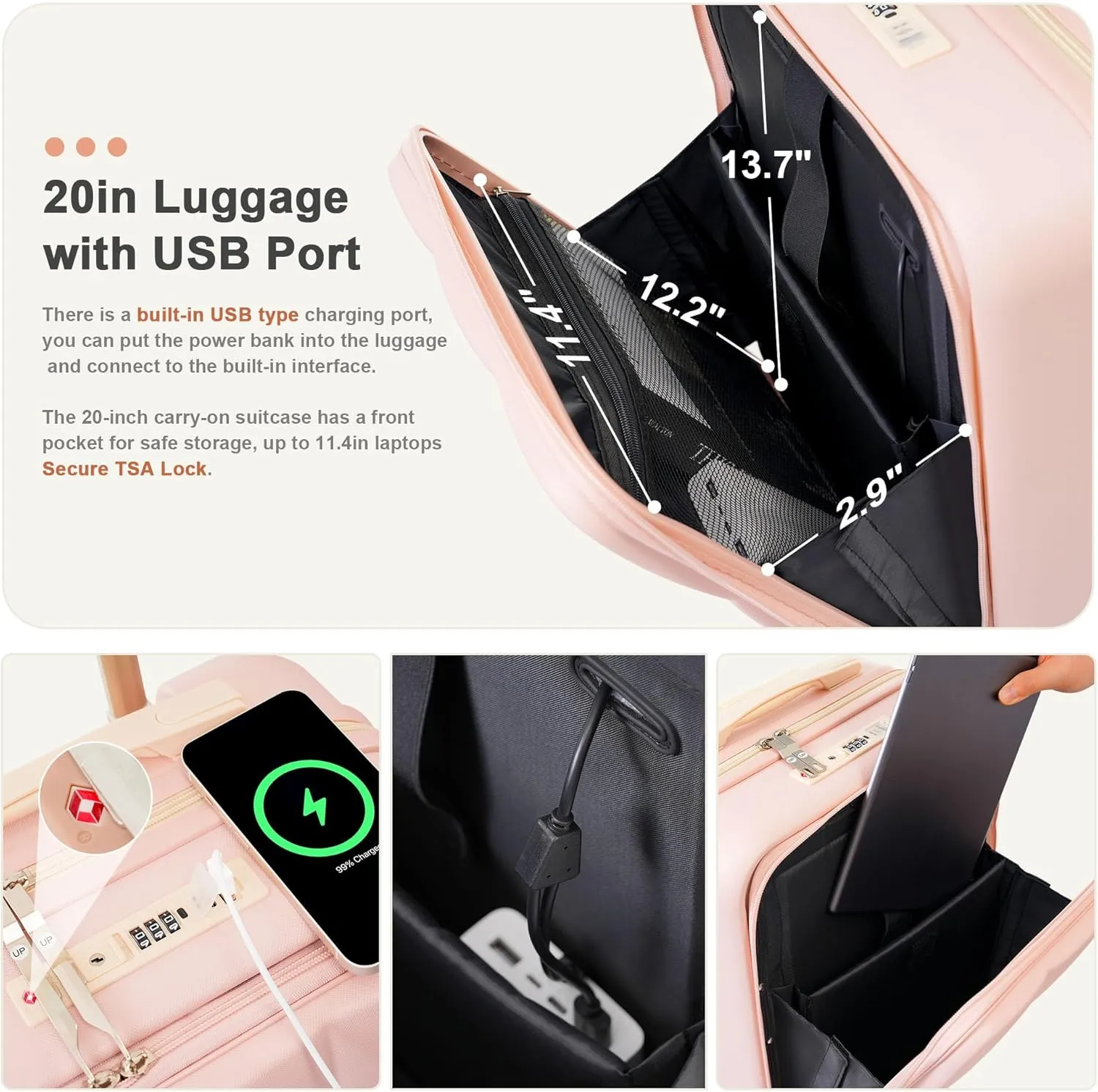 Merax Suitcases 3 Piece ABS Hardshell Front-Opening Luggage Sets with Cup Holder, All Pink, 20/24/28 in