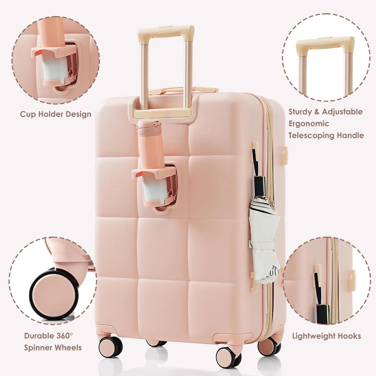Merax Suitcases 3 Piece ABS Hardshell Front-Opening Luggage Sets with Cup Holder, All Pink, 20/24/28 in