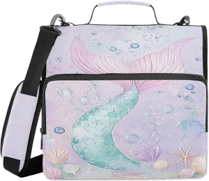 Mermaid Bubbles Pink 3 Ring Zipper Binder with Shoulder Strap Portfolio Binder Case for School Office Supplies Storage