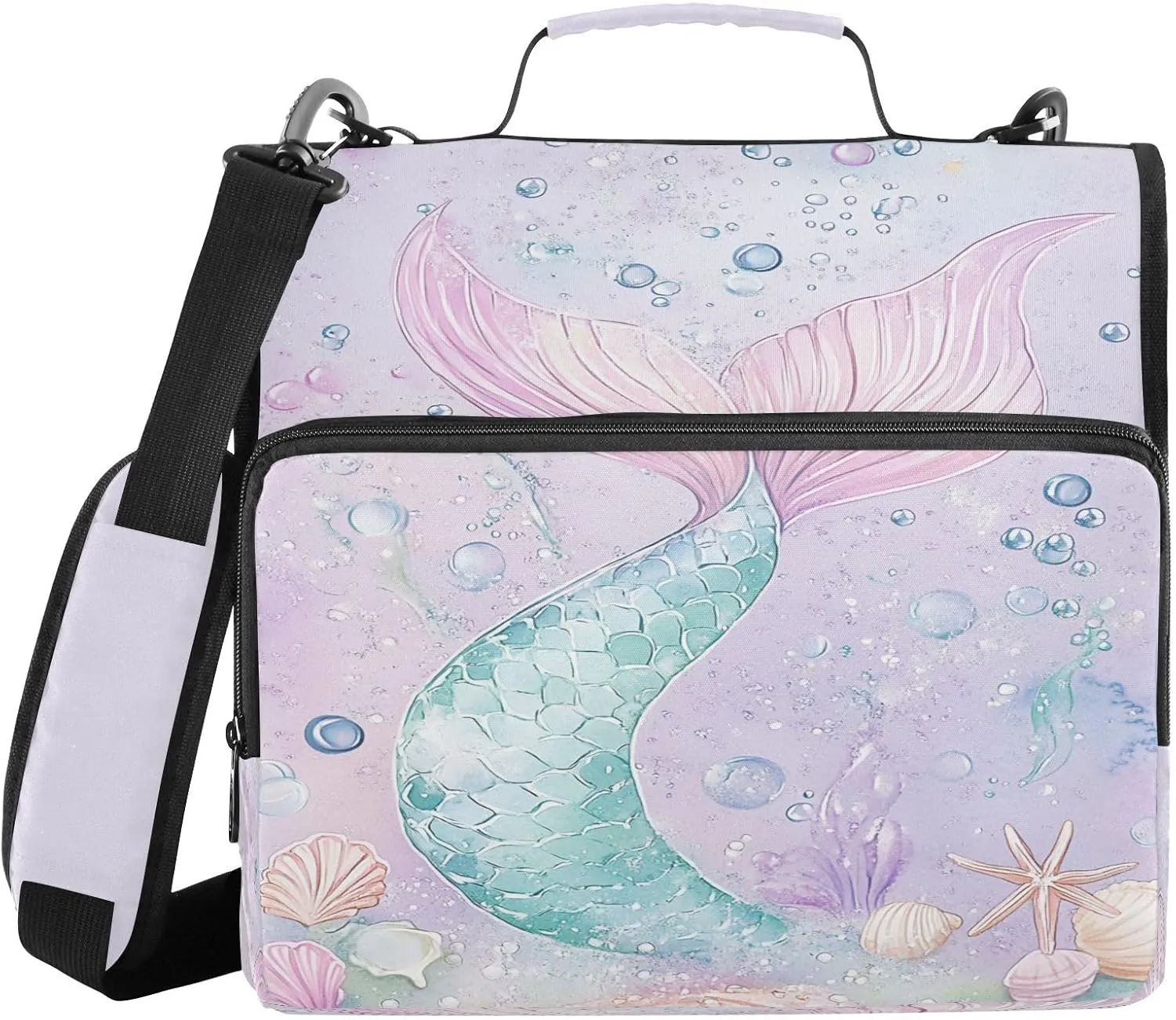 Mermaid Bubbles Pink 3 Ring Zipper Binder with Shoulder Strap Portfolio Binder Case for School Office Supplies Storage