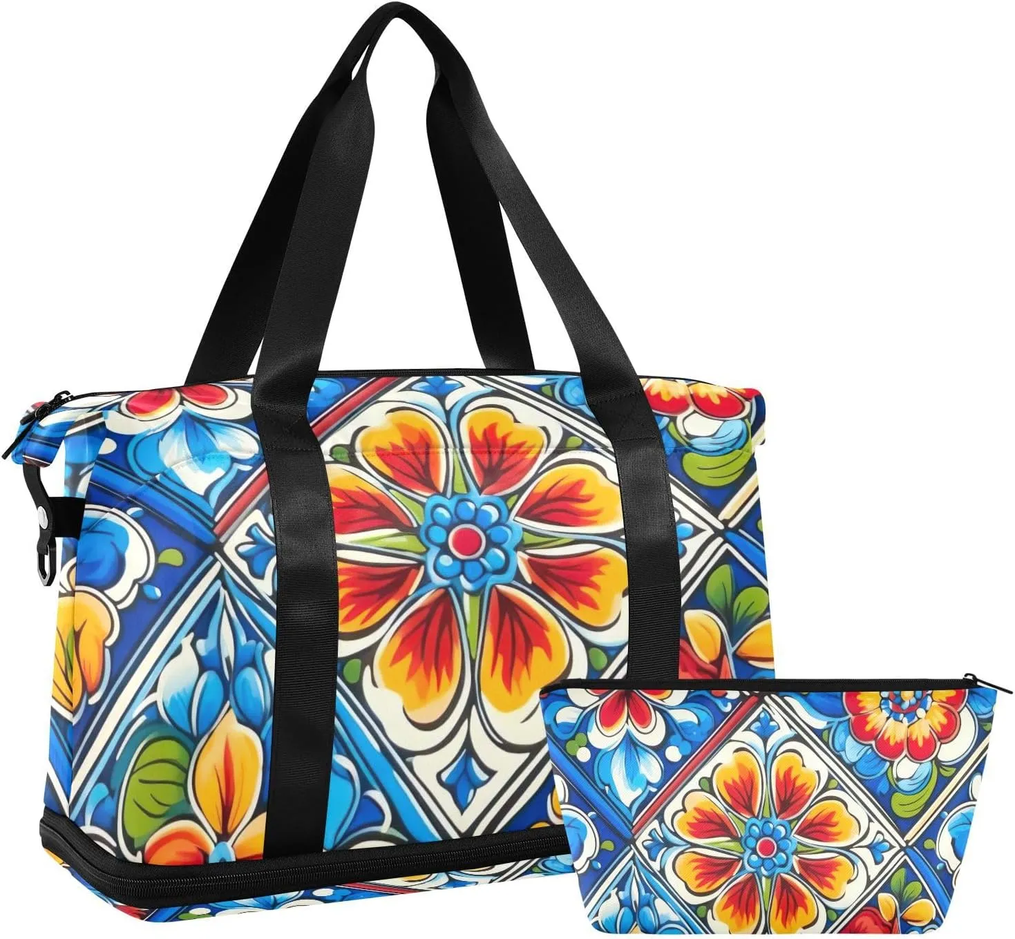 Mexican Ceramic Tile Gym Bag for Women Sport Travel Duffel Bag Shoulder Weekender Overnight Bags with Wet Pocket & Shoe Compartment