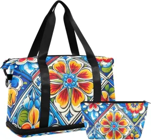 Mexican Ceramic Tile Gym Bag for Women Sport Travel Duffel Bag Shoulder Weekender Overnight Bags with Wet Pocket & Shoe Compartment