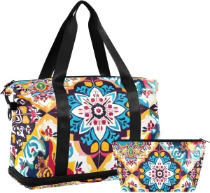 Mexican Ceramic Tile Gym Bag for Women Sport Travel Duffel Bag Shoulder Weekender Overnight Bags with Wet Pocket & Shoe Compartment