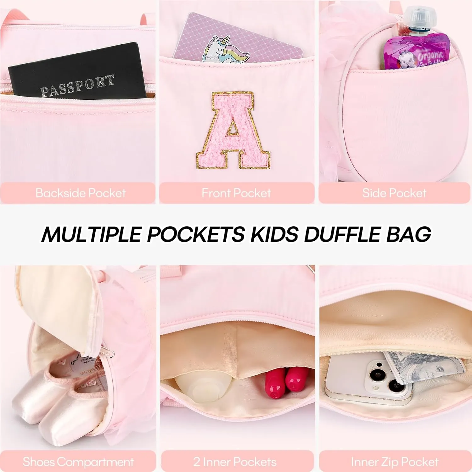 mibasies Dance Bag for Girls 4-6: Kids Duffle Bag - Ballet Bags for Girls 4-6 - Personalized Letter Girls Gifts Pink E