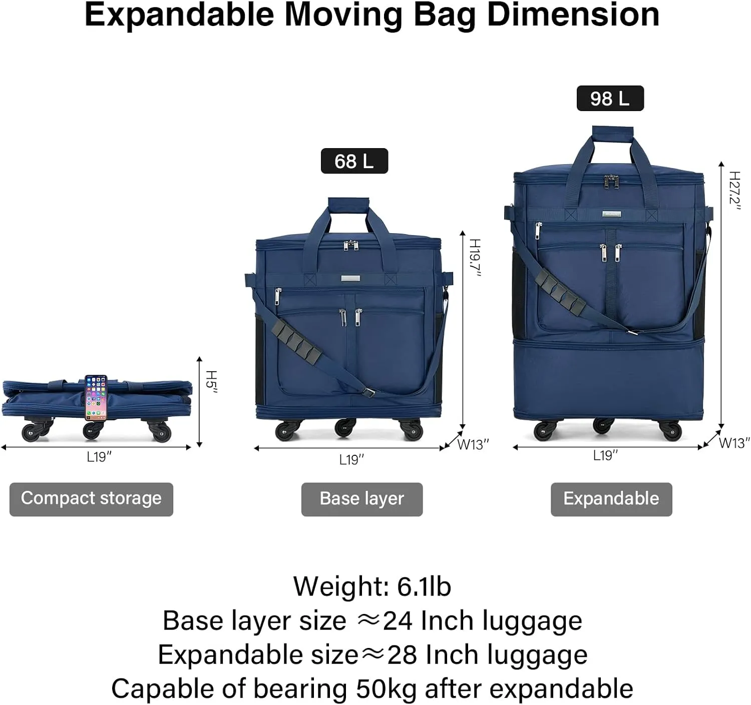 MILADA Moving Boxes for Packaging Moving Bags Expandable Moving Boxes Medium and 98 L Large with Five Wheels and Detachable Shoulder Strap Moving Storage Bags also for Travel,Blue