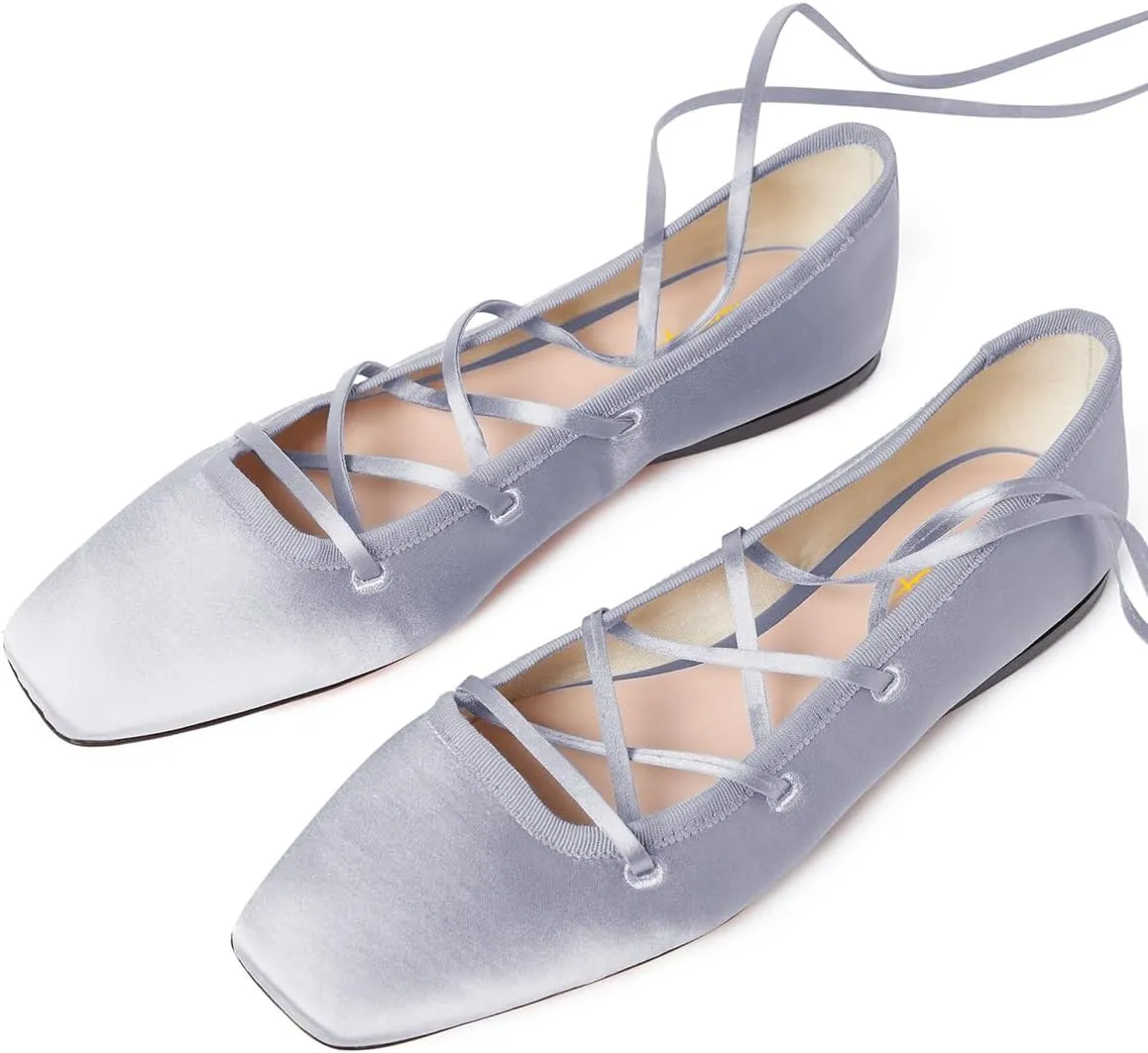 Milooey shoes Women's Square Toe Strappy Ballet Flats Comfort Lace Up Flats Shoes for Party Prom Dress Daily Size 4-16 US