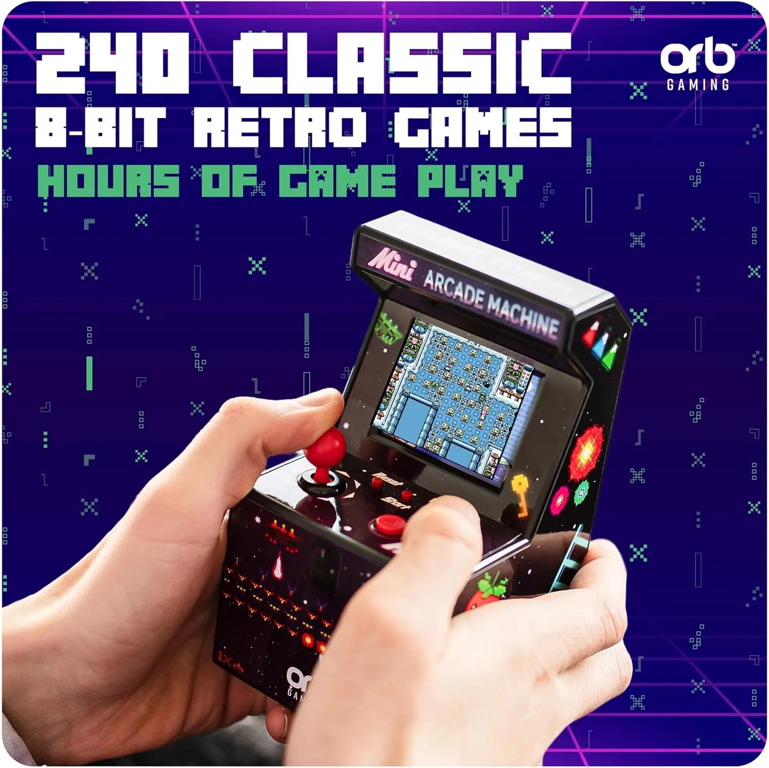 Mini Arcade Machine, 240 in-Built Games, 8-Bit Retro Arcade Games, 2.5” Full Colour Screen, 8-Way Joystick, 2 Buttons, Volume Control