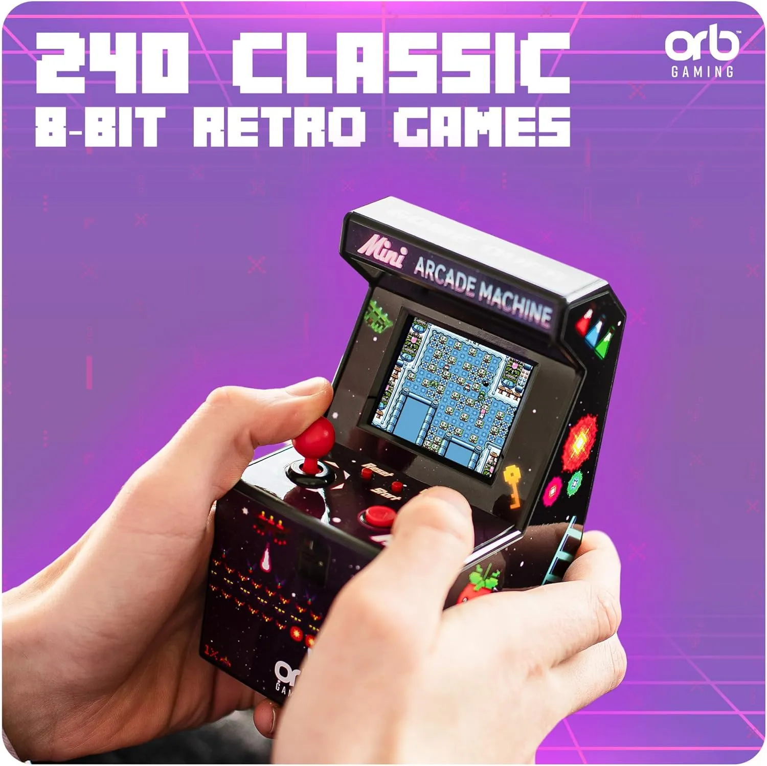 Mini Arcade Machine, 240 in-Built Games, 8-Bit Retro Arcade Games, 2.5” Full Colour Screen, 8-Way Joystick, 2 Buttons, Volume Control