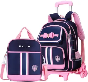MITOWERMI Rolling Backpack for Girls Cute Trolley Bags Primary School Bookbags with Wheels Kids Carry-On Wheeled Backpack with Lunch Bag