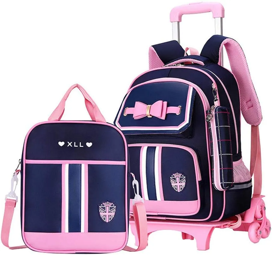 MITOWERMI Rolling Backpack for Girls Cute Trolley Bags Primary School Bookbags with Wheels Kids Carry-On Wheeled Backpack with Lunch Bag