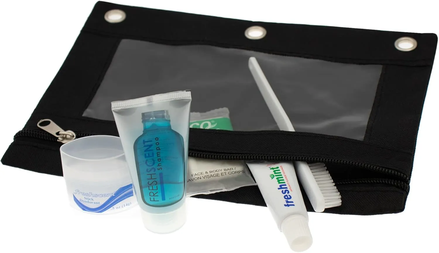 Moda West 24 Kits - Bulk Case of Wholesale Basic Toiletry Kits for Men, Women, Travel, Charity In Pouch With See Thru Window