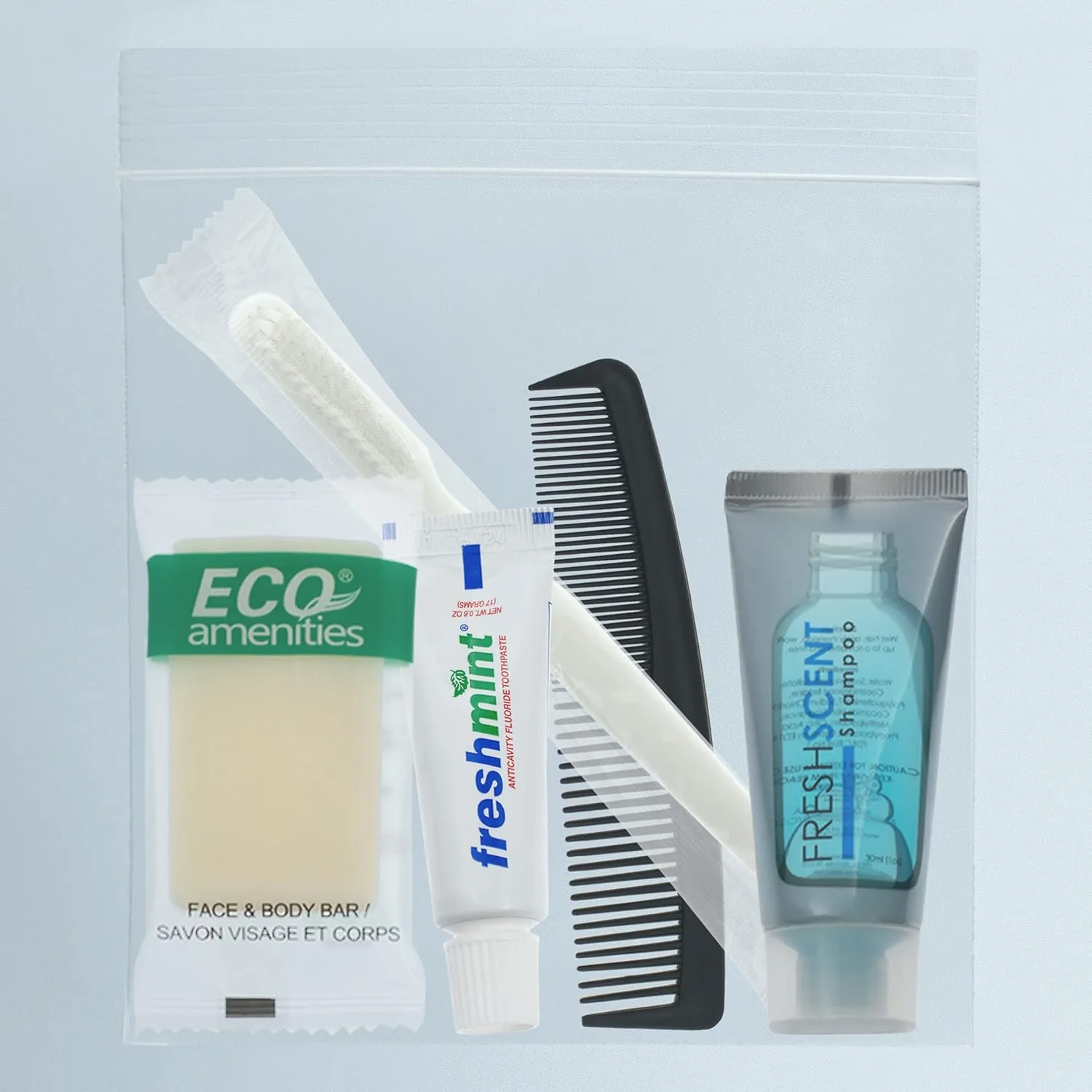 Moda West 24 Kits - Bulk Case of Wholesale Basic Toiletry Kits for Men, Women, Travel, Charity In Pouch With See Thru Window