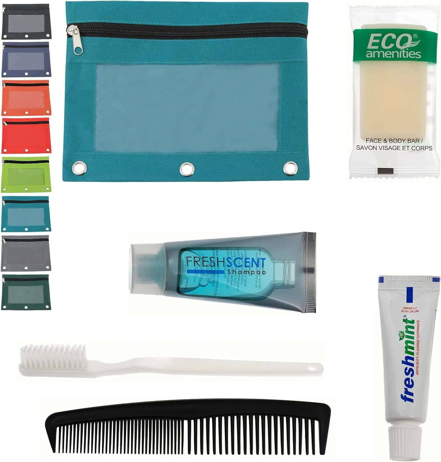 Moda West 24 Kits - Bulk Case of Wholesale Basic Toiletry Kits for Men, Women, Travel, Charity In Pouch With See Thru Window