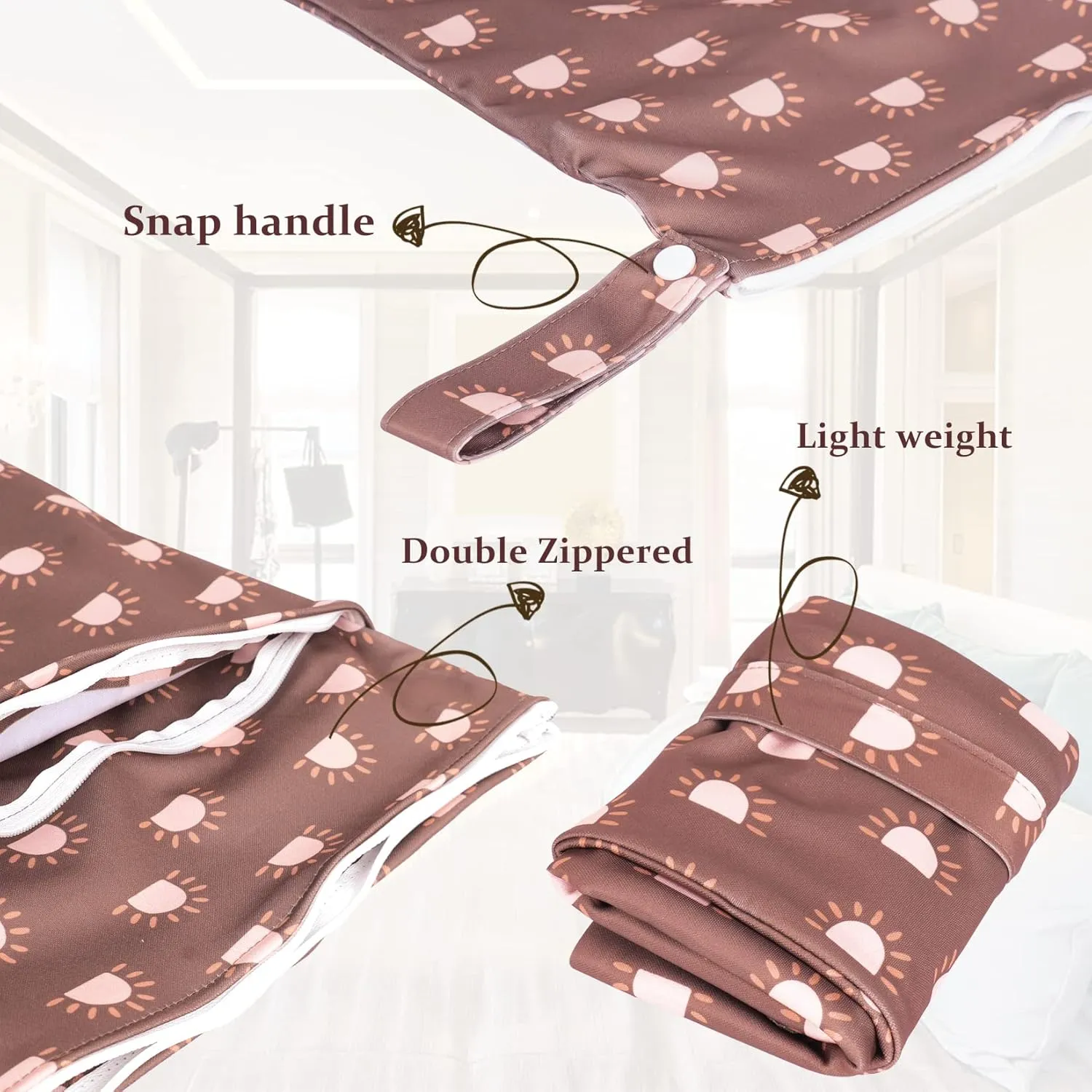 MOMIGO 2 pcs/set Wet Dry Bags for Baby Cloth Diapers - Reusable, Washable for Stroller, Diapers, Toiletries, Travel Bags, Beach, Pool, Gym Bag with Two Zippered Pockets 11.8 * 15.7 inch（Pink）