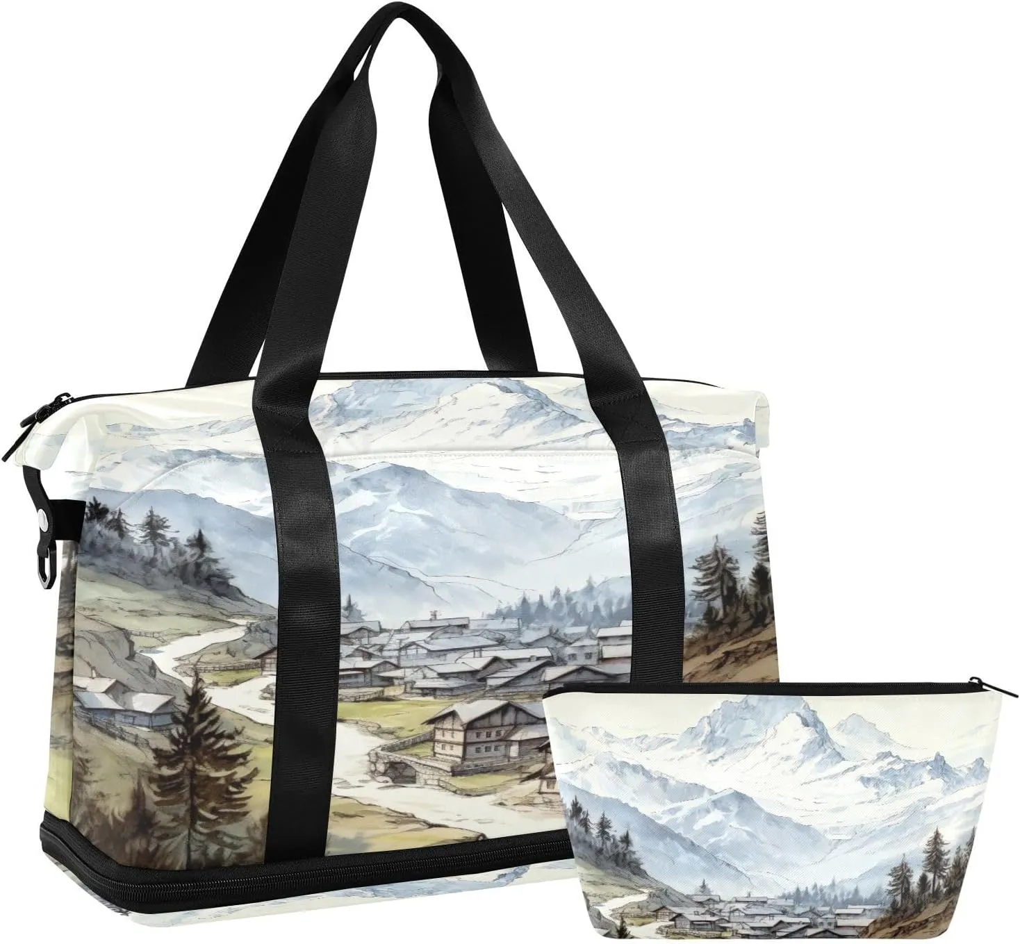 Moutain Village Gym Bag - Weekender Overnight Bags for Women Men, Sport Travel Duffel Bag with Wet Pocket & Shoe Compartment
