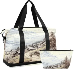 Moutain Village Gym Bag - Weekender Overnight Bags for Women Men, Sport Travel Duffel Bag with Wet Pocket & Shoe Compartment