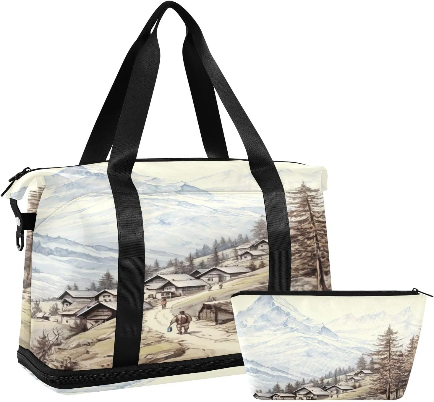Moutain Village Gym Bag - Weekender Overnight Bags for Women Men, Sport Travel Duffel Bag with Wet Pocket & Shoe Compartment