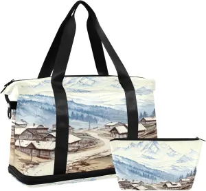 Moutain Village Gym Bag - Weekender Overnight Bags for Women Men, Sport Travel Duffel Bag with Wet Pocket & Shoe Compartment