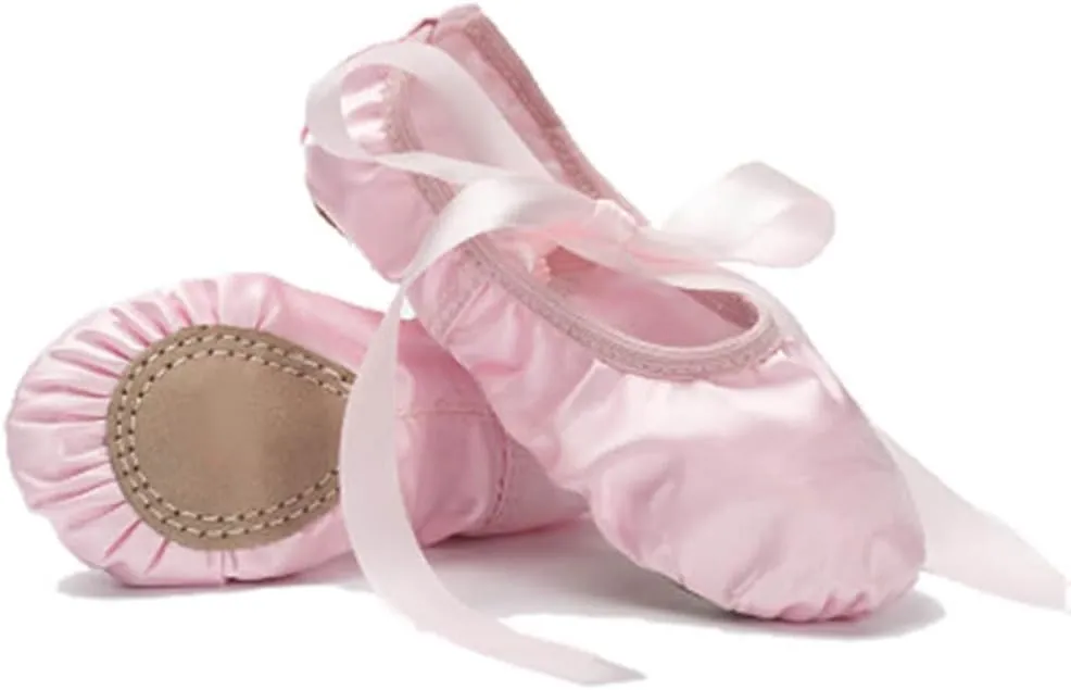 MSMAX Women's Ballet Dance Shoes Split Sole Satin Gymnastic Flats with Ribbon