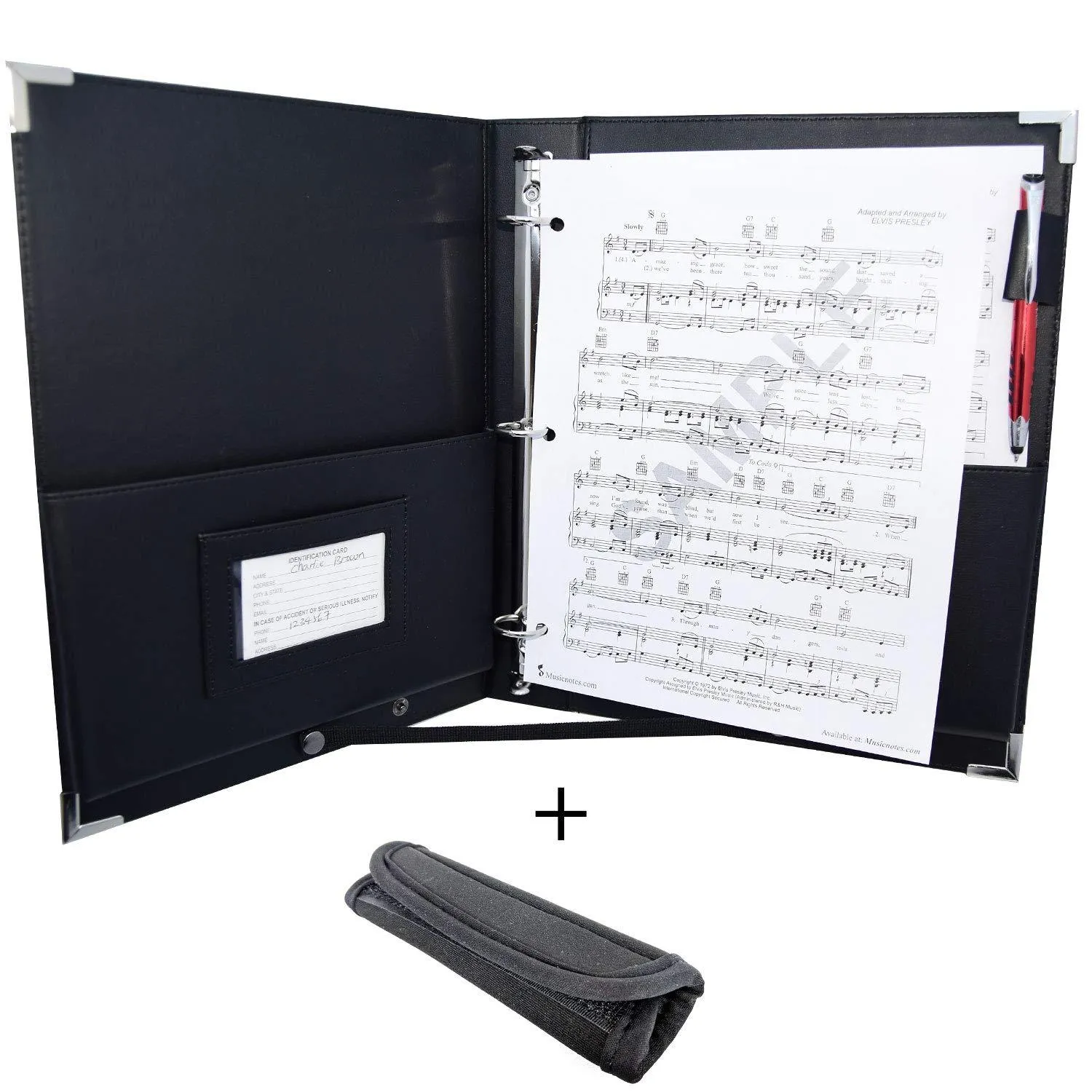 MSP Black Sheet Music Holder | 10.5" x 12" - 3 Rings Choir Folder with Hand Strap for Musician - Large Size (MSP-220-Black)