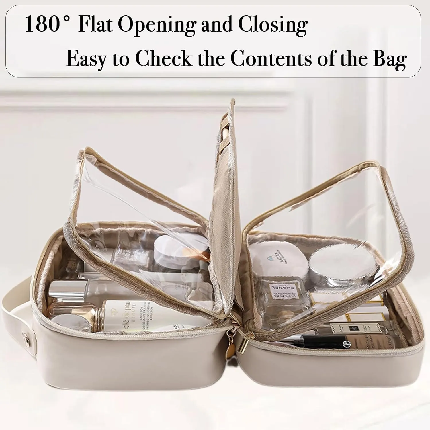 Multi-compartment Toiletry Cosmetics Bag, Multi Compartment Toiletry Travel Makeup Bag, Multi Compartment Toiletry Bag for Women, PU Leather Large Capacity & Portable (Beige)