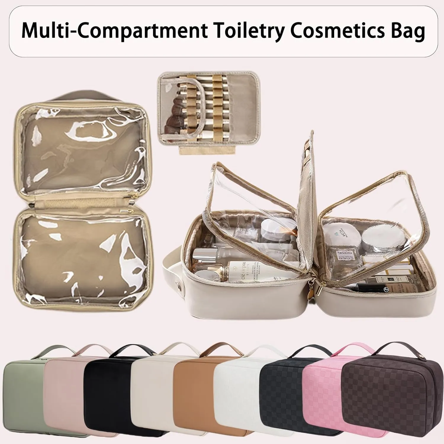 Multi-compartment Toiletry Cosmetics Bag, Multi Compartment Toiletry Travel Makeup Bag, Multi Compartment Toiletry Bag for Women, PU Leather Large Capacity & Portable (Beige)