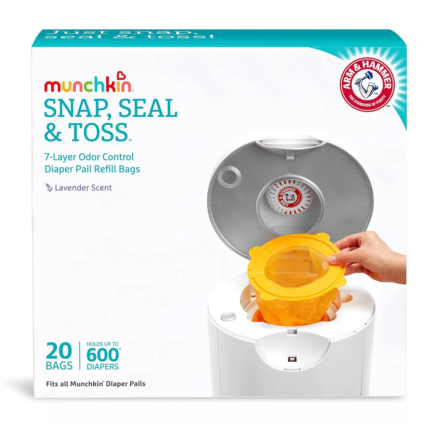 Munchkin® Arm & Hammer Diaper Pail Refill Rings, 2,176 Count, 8 Pack (272 Count each) & Arm and Hammer Diaper Pail Snap, Seal and Toss Refill Bags, Holds 600 Diapers, White 20 Count