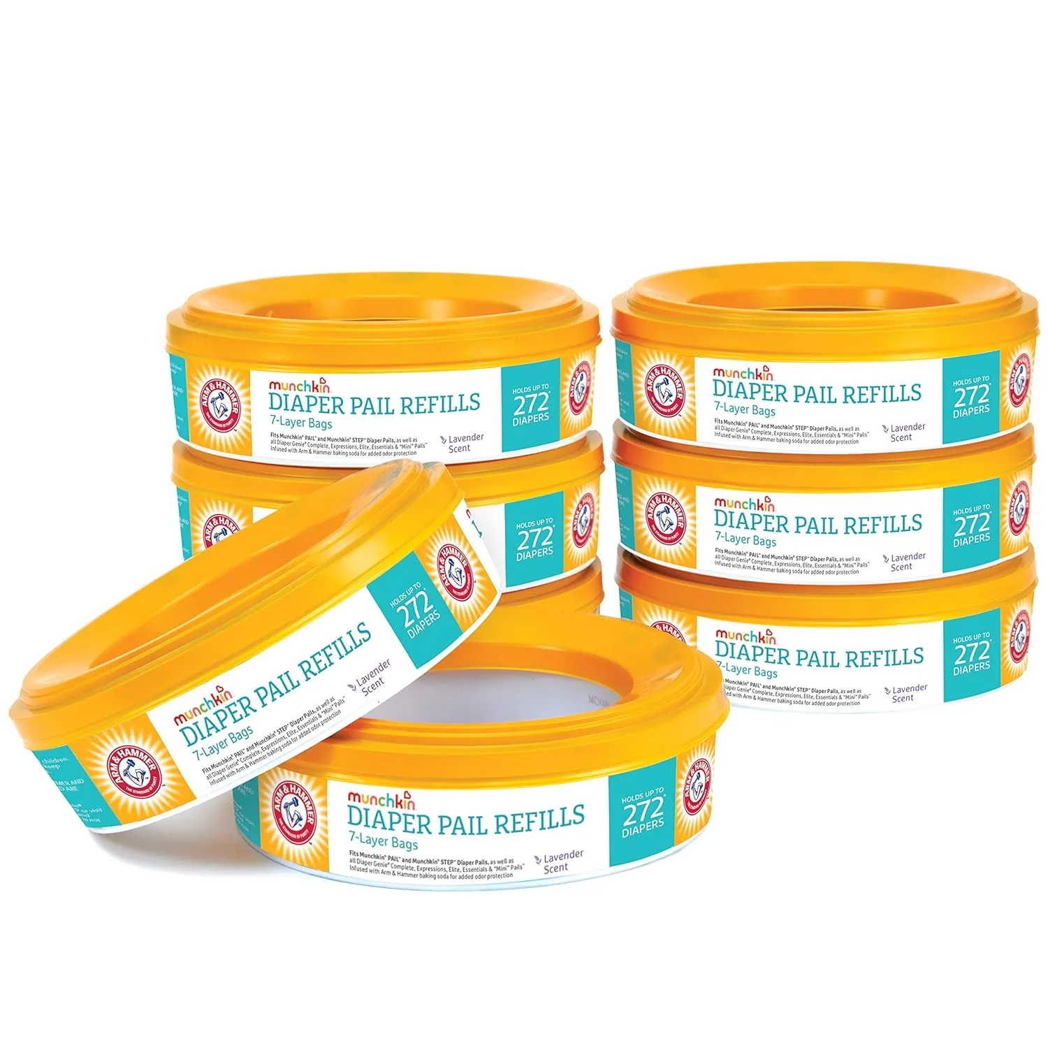 Munchkin® Arm & Hammer Diaper Pail Refill Rings, 2,176 Count, 8 Pack (272 Count each) & Arm and Hammer Diaper Pail Snap, Seal and Toss Refill Bags, Holds 600 Diapers, White 20 Count