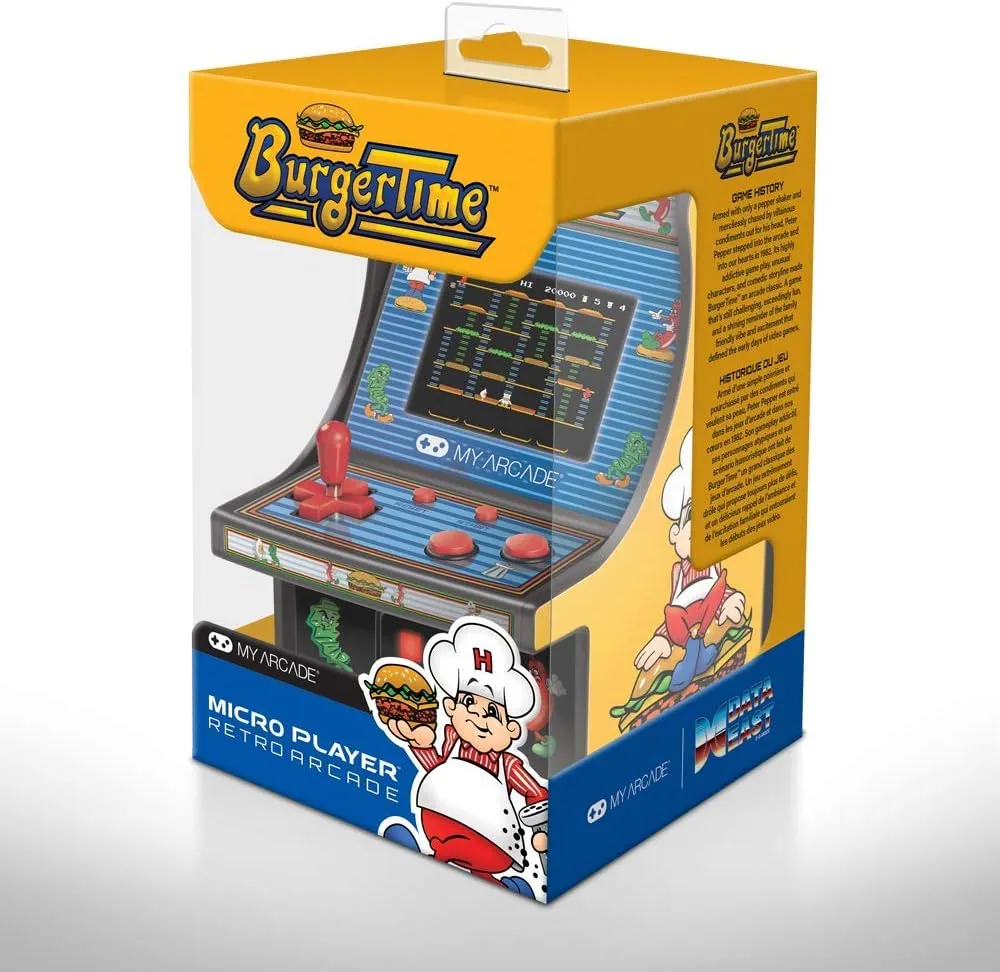 My Arcade Burgertime Micro Player Mini Arcade Machine: Fully Playable, 6.75 Inch Collectible, Color Display, Speaker, Volume Buttons, Headphone Jack, Battery/Micro USB Powered-Electronic Games, Yellow