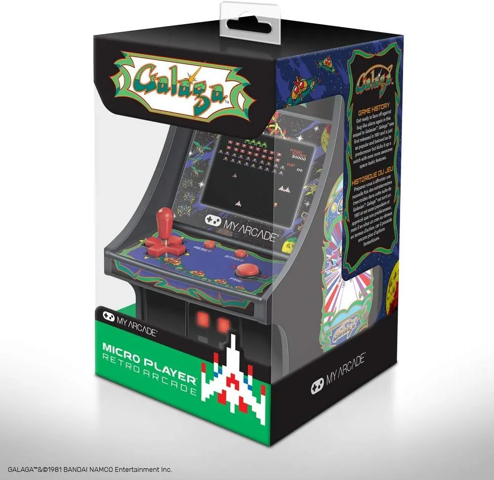 My Arcade Micro Player Mini Arcade Machine: Galaga Video Game, Fully Playable, 6.75 Inch Collectible, Color Display, Speaker, Volume Buttons, Headphone Jack, Battery or Micro USB Powered