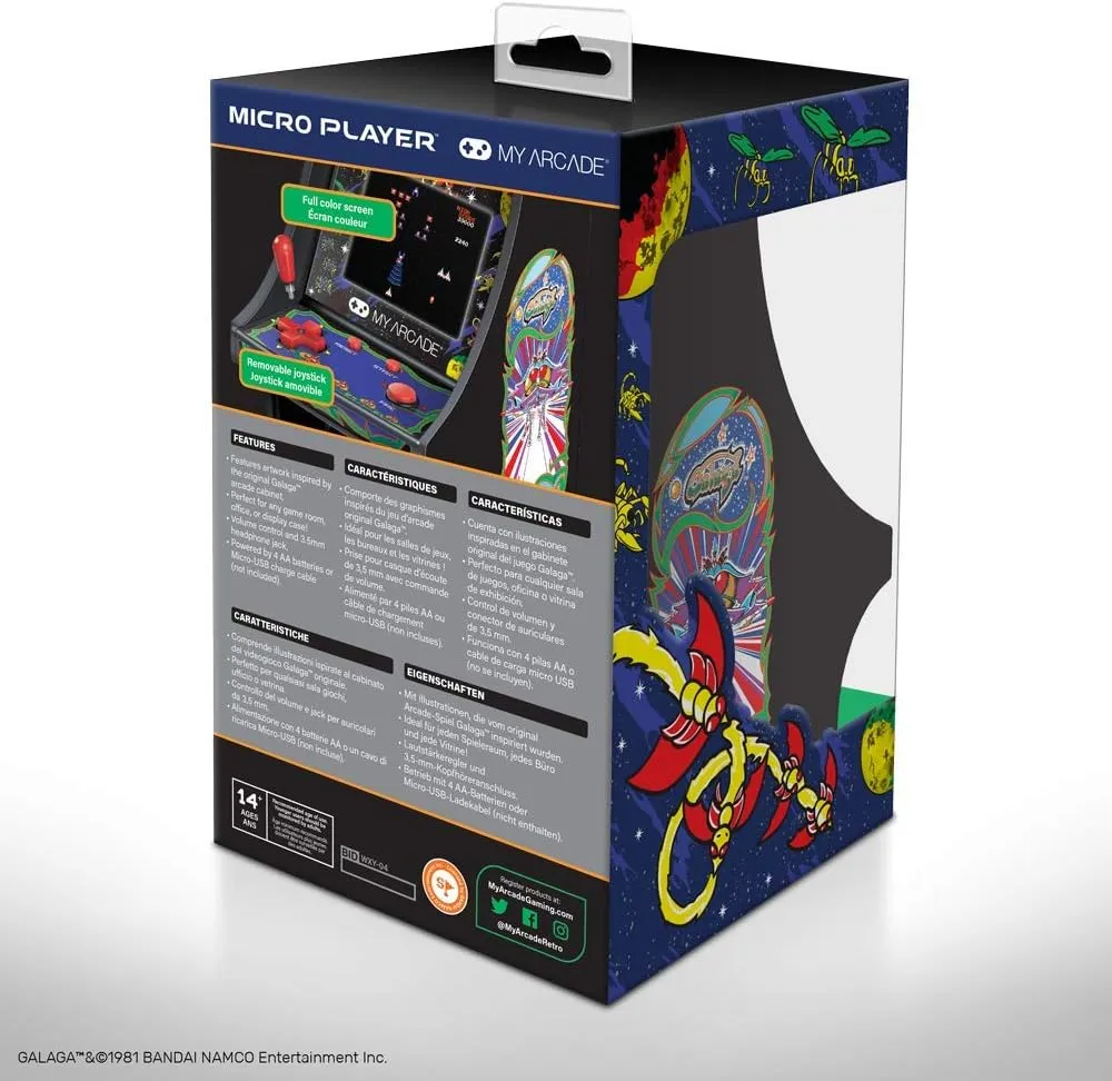 My Arcade Micro Player Mini Arcade Machine: Galaga Video Game, Fully Playable, 6.75 Inch Collectible, Color Display, Speaker, Volume Buttons, Headphone Jack, Battery or Micro USB Powered
