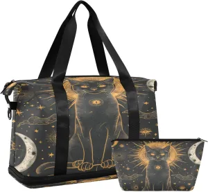 Mystical Black Cat Gym Bag - Weekender Overnight Bags for Women Men, Sport Travel Duffel Bag with Wet Pocket & Shoe Compartment