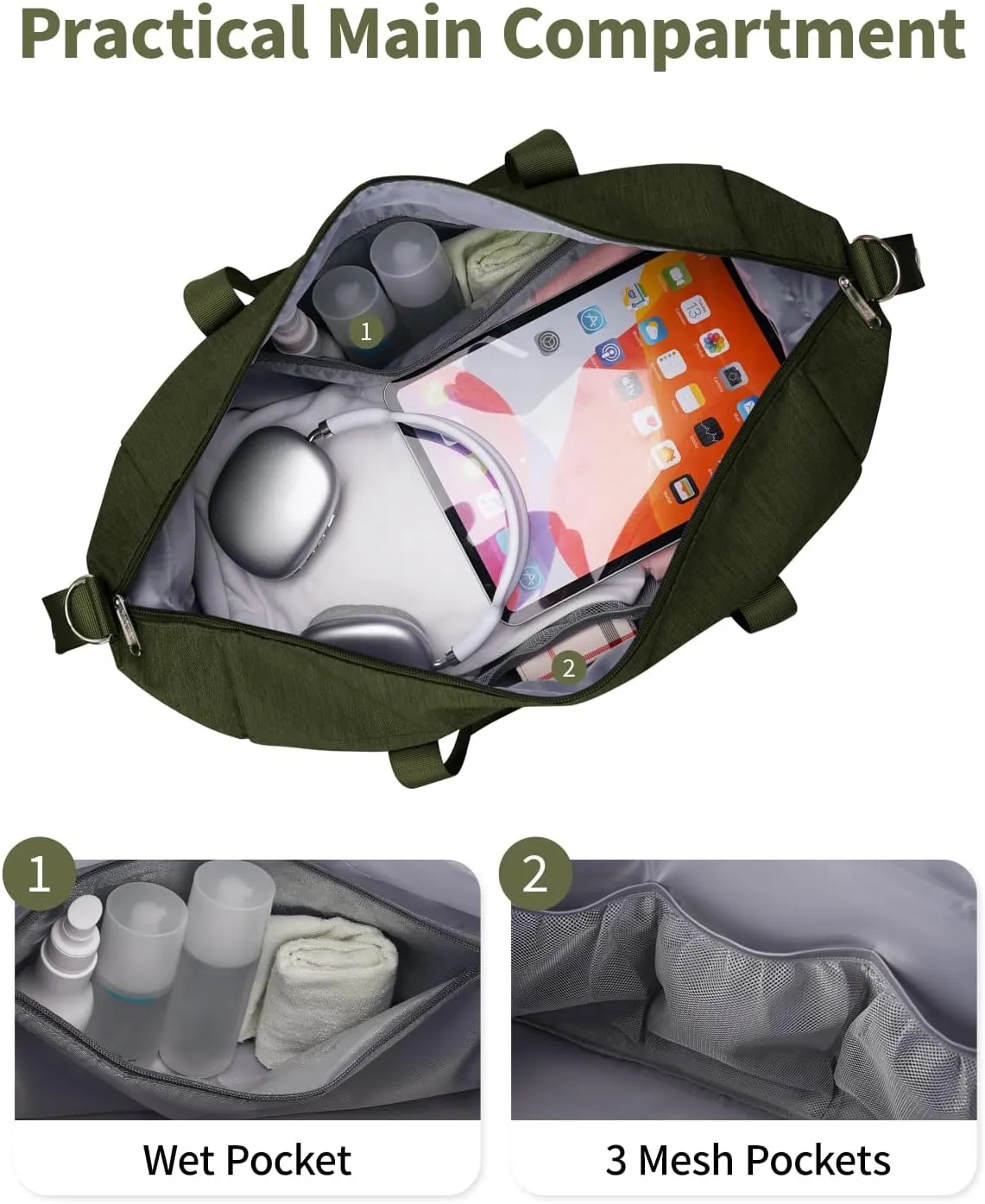Narwey For Spirit Airlines Personal Item Bag 18x14x8 Travel Duffel Bag Carry on Bag Underseat for Airplane with Wet Pocket Small Gym Bag Weekender Overnight for Women and Men (Army Green)
