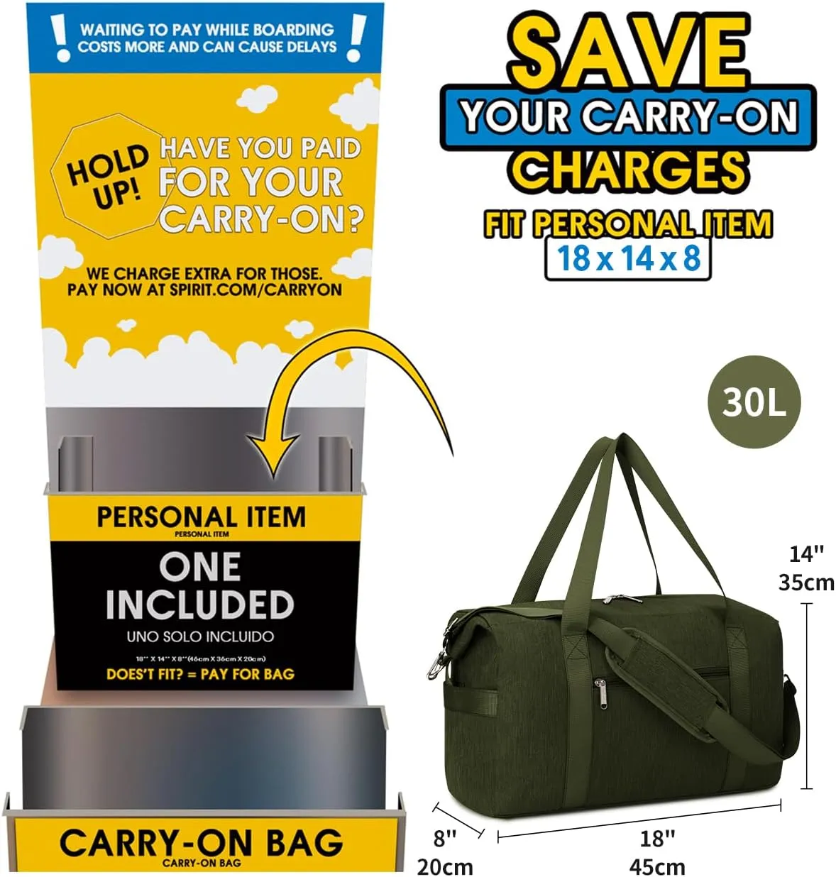 Narwey For Spirit Airlines Personal Item Bag 18x14x8 Travel Duffel Bag Carry on Bag Underseat for Airplane with Wet Pocket Small Gym Bag Weekender Overnight for Women and Men (Army Green)