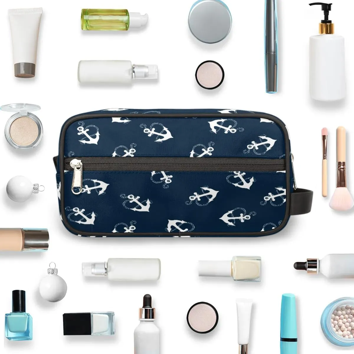Nautical Anchors Travel Toiletry Bag for Women Men Small Cosmetic Makeup Organizer Water Resistant Shaving Bag Portable Make Up Bag Storage Bags with Handle