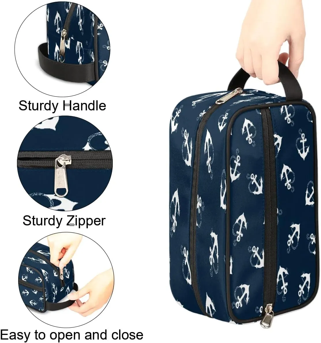 Nautical Anchors Travel Toiletry Bag for Women Men Small Cosmetic Makeup Organizer Water Resistant Shaving Bag Portable Make Up Bag Storage Bags with Handle