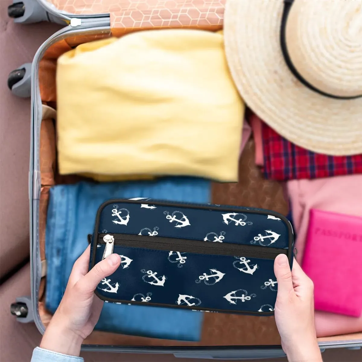 Nautical Anchors Travel Toiletry Bag for Women Men Small Cosmetic Makeup Organizer Water Resistant Shaving Bag Portable Make Up Bag Storage Bags with Handle