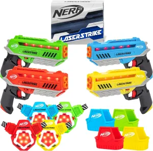 Nerf Laser Strike 4 Player Laser Tag Game Pack Complete with 4 300ft Range Blasters, 4 Target Vests & 4 Holsters - Indoor or Outdoor Play Arcade Games, Toys for Kids & Family
