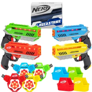 Nerf Laser Strike 4 Player Laser Tag Game Pack Complete with 4 300ft Range Blasters, 4 Target Vests & 4 Holsters - Indoor or Outdoor Play Arcade Games, Toys for Kids & Family