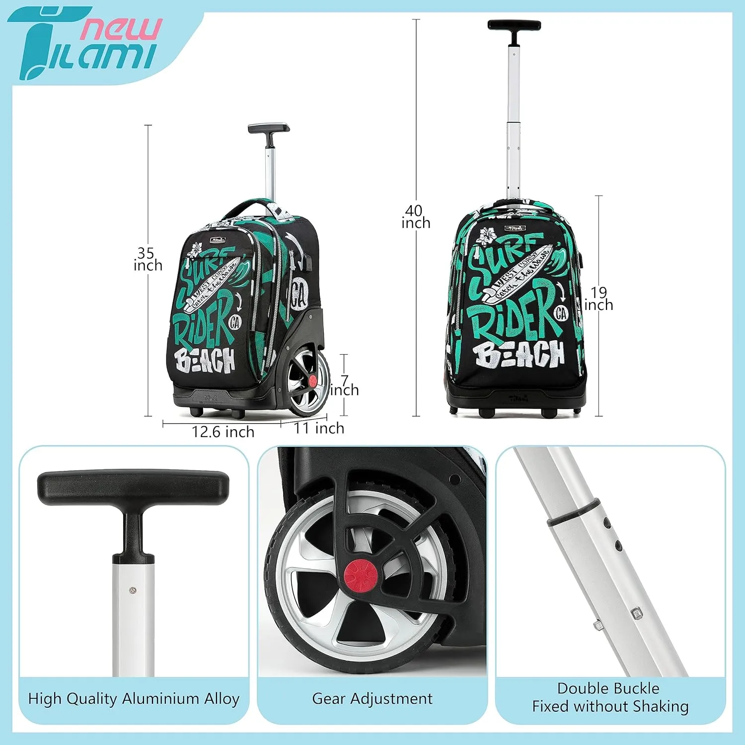 NEW TILAMI 19 inch Rolling Backpack with Lunch Bag for Boys and Girls Wheeled Laptop Backpack Durable Stylish Carry-on Bag School Travel, Beach Surf Rider
